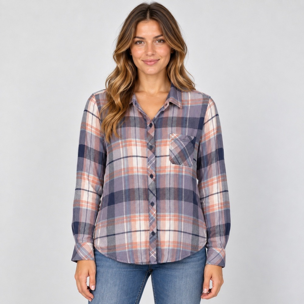 Beachlunchlounge Purple Blue Plaid Rayon Button Down Shirt Small